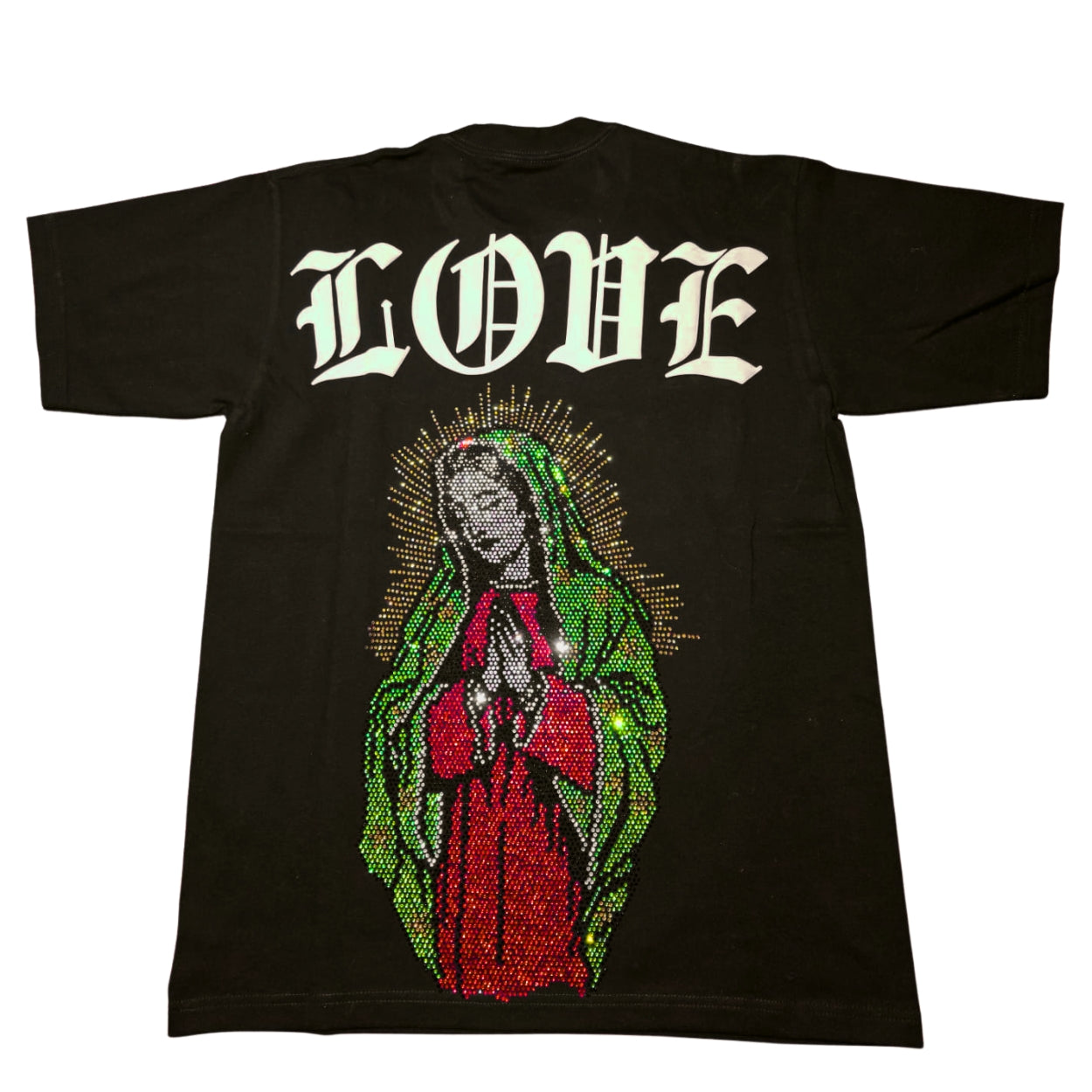 PLAYERA YONER NEGRA VIRGEN BRILLOS