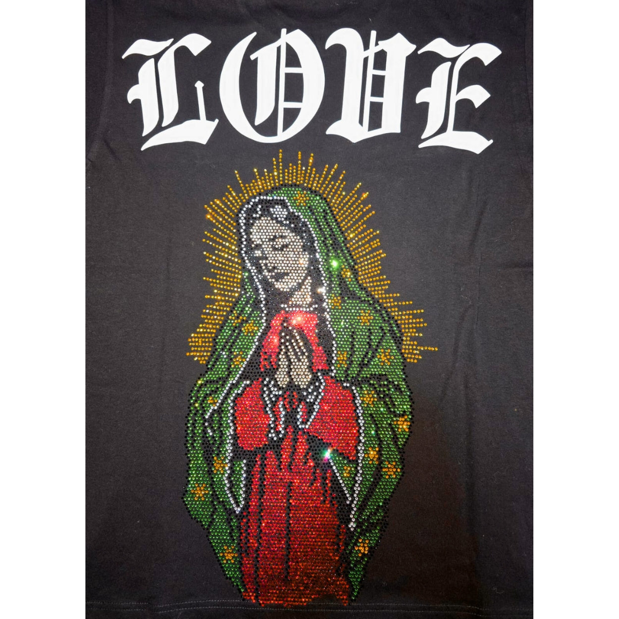PLAYERA YONER NEGRA VIRGEN BRILLOS