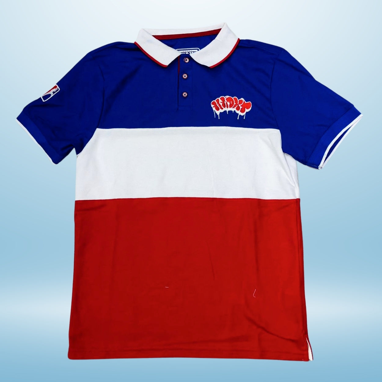 PLAYERA ALEMAN TIPO POLO BLANCO/AZUL/ROJO