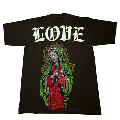 PLAYERA YONER NEGRA VIRGEN BRILLOS