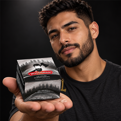 Gel Pigmento Negro Temporal para Barba y Cabello 100 g | Woodsman presentado con modelo adulto juvenil