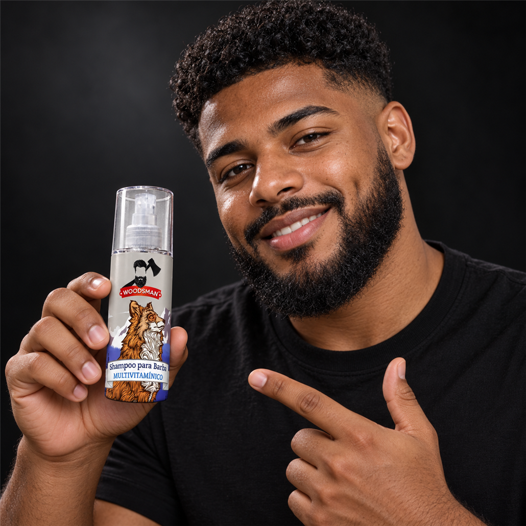 Shampoo para Barba y Bigote Multivitamínico 150 ml | Woodsman presentado con modelo adulto juvenil