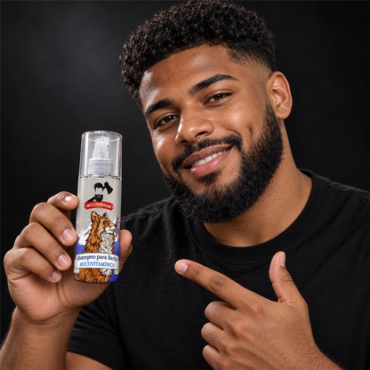 Shampoo para Barba y Bigote Multivitamínico 150 ml | Woodsman presentado con modelo adulto juvenil
