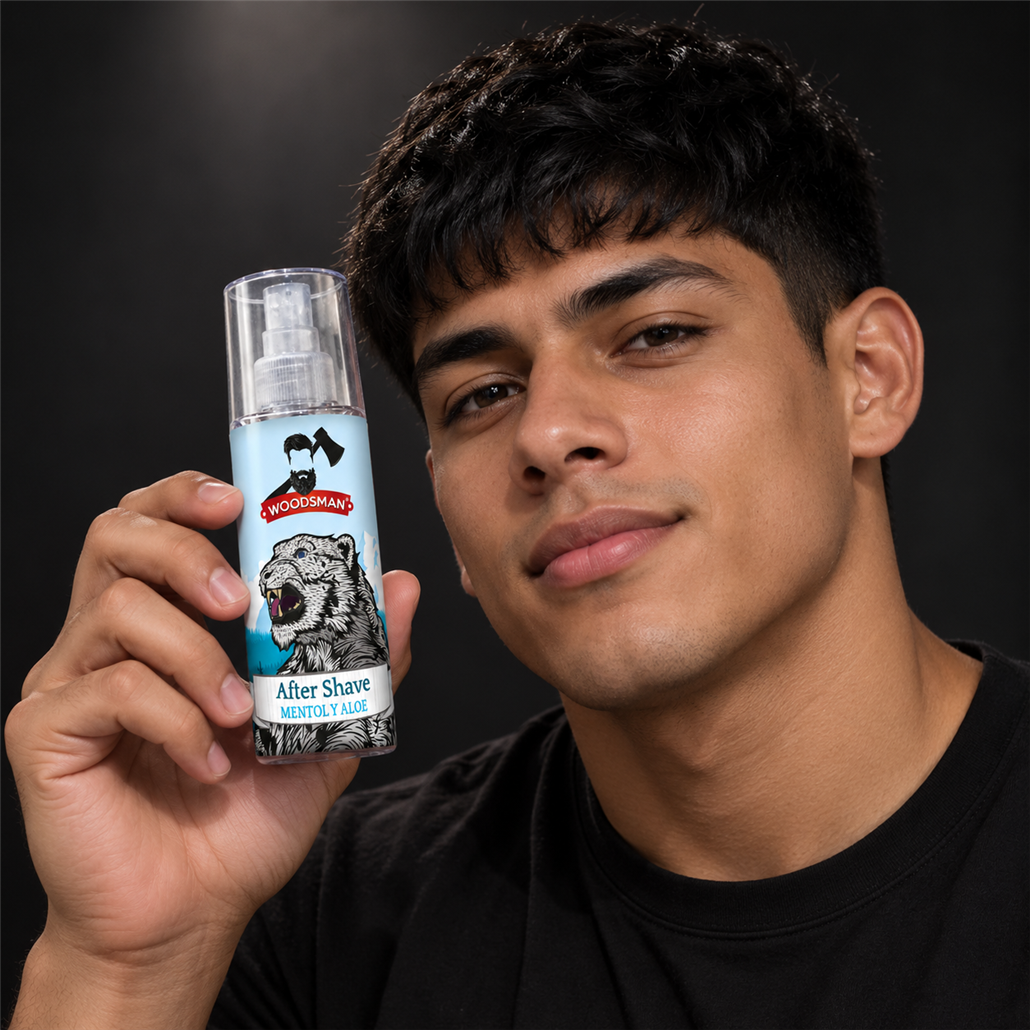 After Shave con Mentol y Aloe Vera 150 ml | Woodsman presentado con modelo adulto juvenil