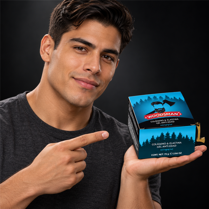 Gel Facial Antiedad con Colágeno y Elastina 75 g | Woodsman presentado con modelo adulto juvenil