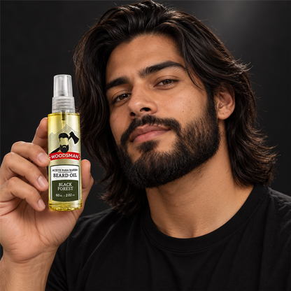 Aceite para Barba Black Forest 60 ml | Woodsman presentado con modelo adulto juvenil