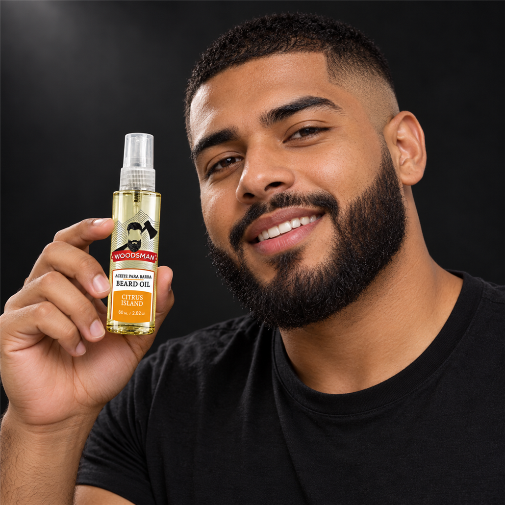Aceite para Barba Citrus Island 60 ml | Woodsman presentado con modelo adulto juvenil