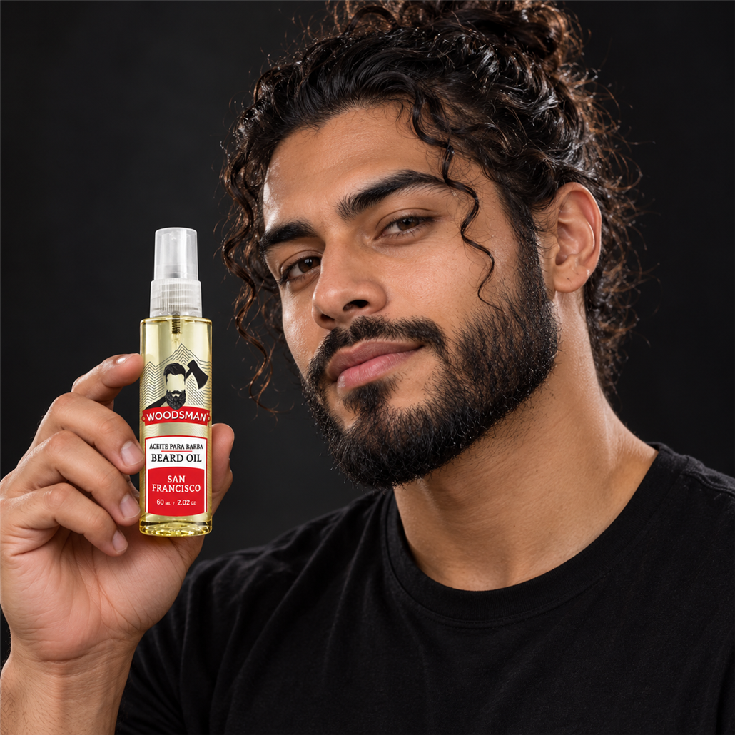 Aceite para Barba San Francisco 60 ml | Woodsman presentado con modelo adulto juvenil