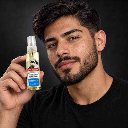 Aceite para Barba Melbourne 60 ml | Woodsman presentado con modelo adulto juvenil