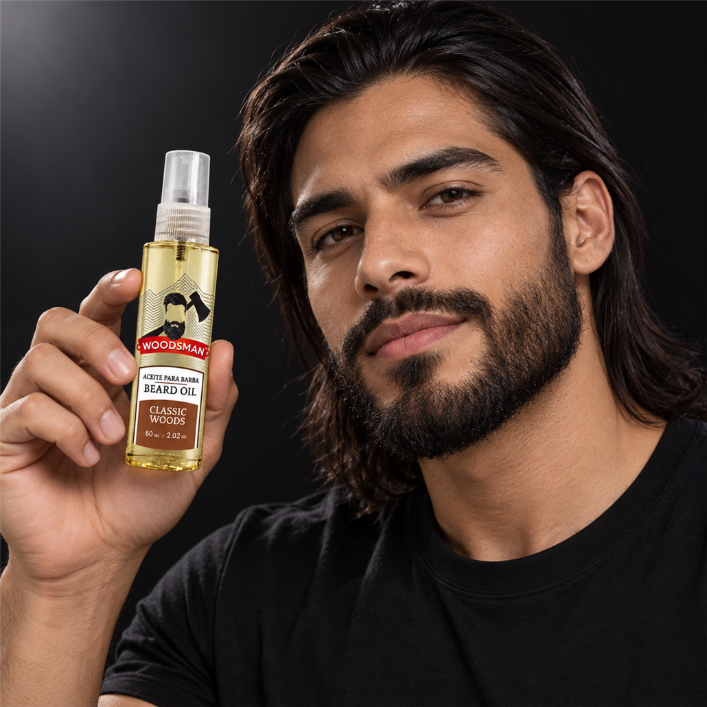 Aceite para Barba Classic Woods 60 ml | Woodsman presentado con modelo adulto juvenil