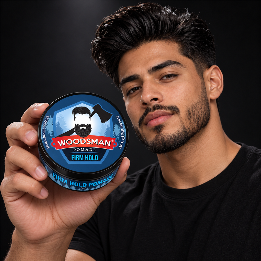 Pomada Fijación Firme 113 g | Woodsman presentado con modelo adulto juvenil