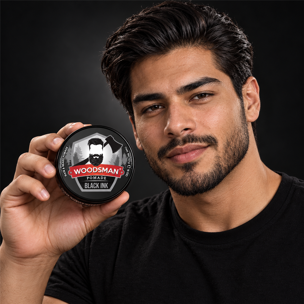 Pomada Negra Cubre Canas 113 g | Woodsman presentado con modelo adulto juvenil