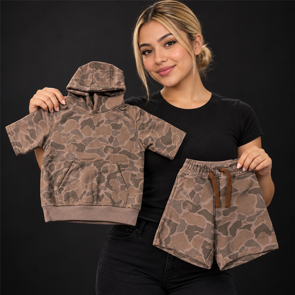 • Conjunto Dos Piezas Estilo Streetwear Camuflaje Para Niño presentado con modelo adulto juvenil