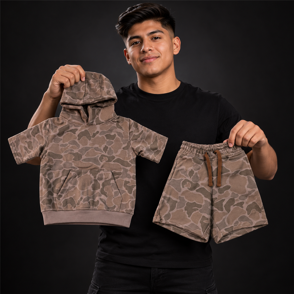 • Conjunto Dos Piezas Estilo Streetwear Camuflaje Para Niño presentado con modelo adulto juvenil