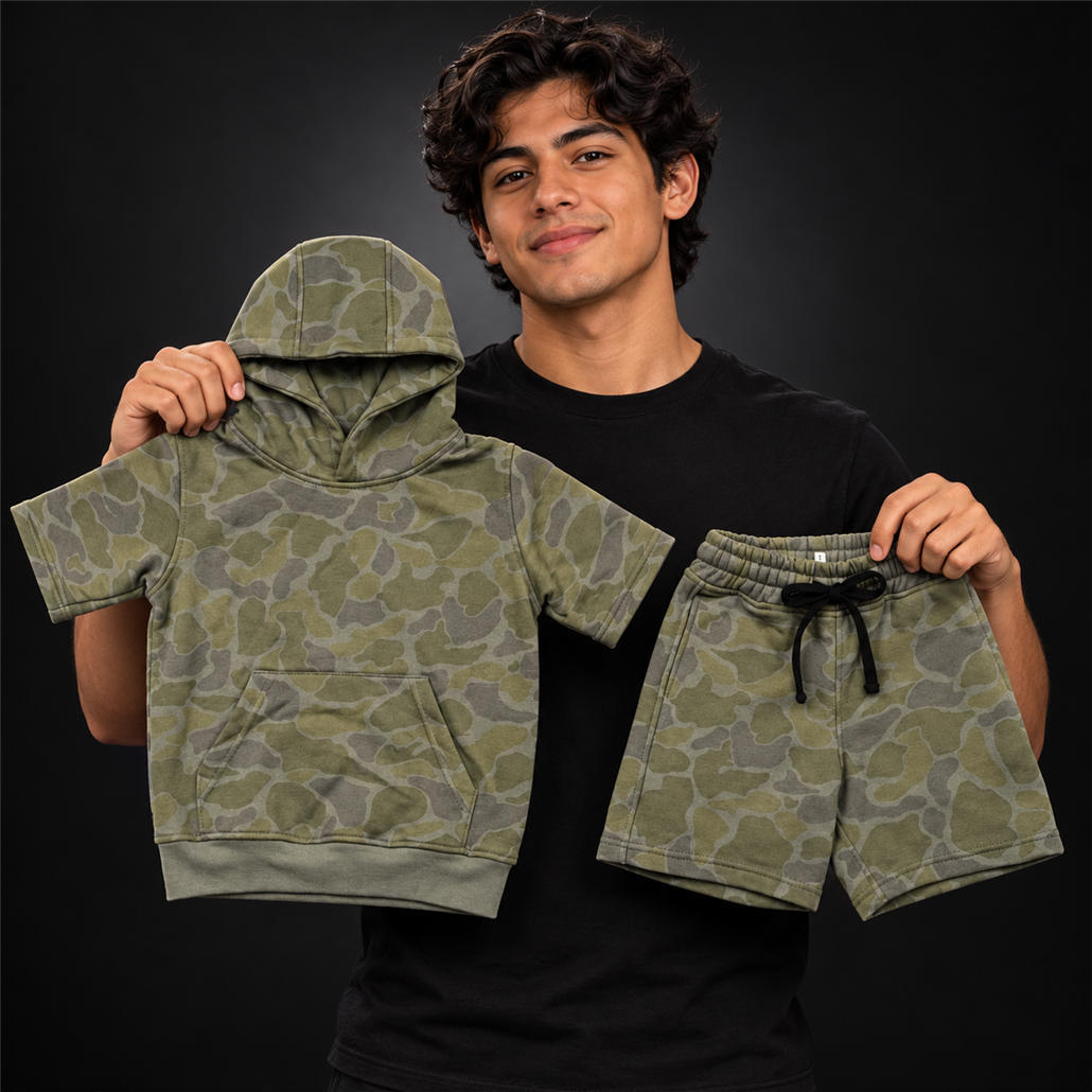 • Conjunto Dos Piezas Estilo Streetwear Camuflaje Para Niño presentado con modelo adulto juvenil