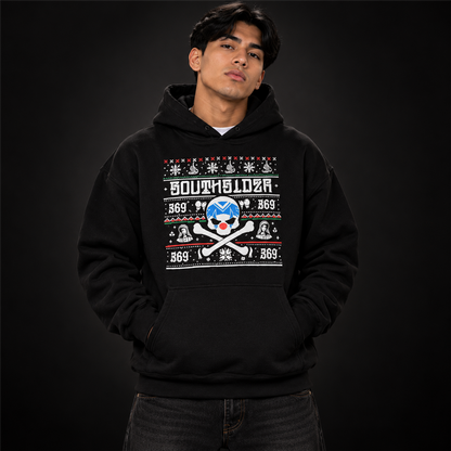 HOODIE NAVIDEÑA SOUTHSIDER 369 con modelo adulto juvenil; fotografía de catálogo