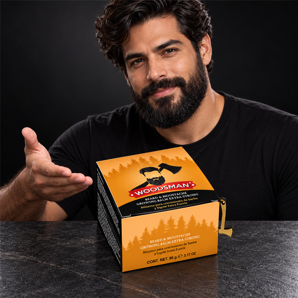 Bálsamo de Crecimiento de Barba y Bigote Extra Fuerte 90 g | Woodsman — producto presentado por modelo